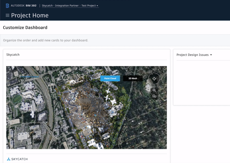 A Skycatch partner card in Autodesk BIM 360 let's you view your 3D point clouds