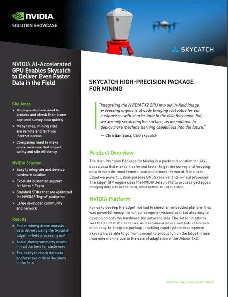 NVIDIA Jetson TX2 GPU reduces Skycatch Edge1 3D photogrammetry processing time in half.